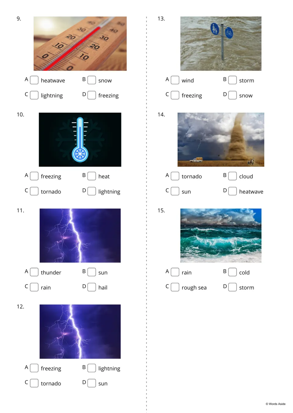 Weather multiple choice 9-15: students tick the word for photos showing heatwave, freezing, lightning, storm and tornado