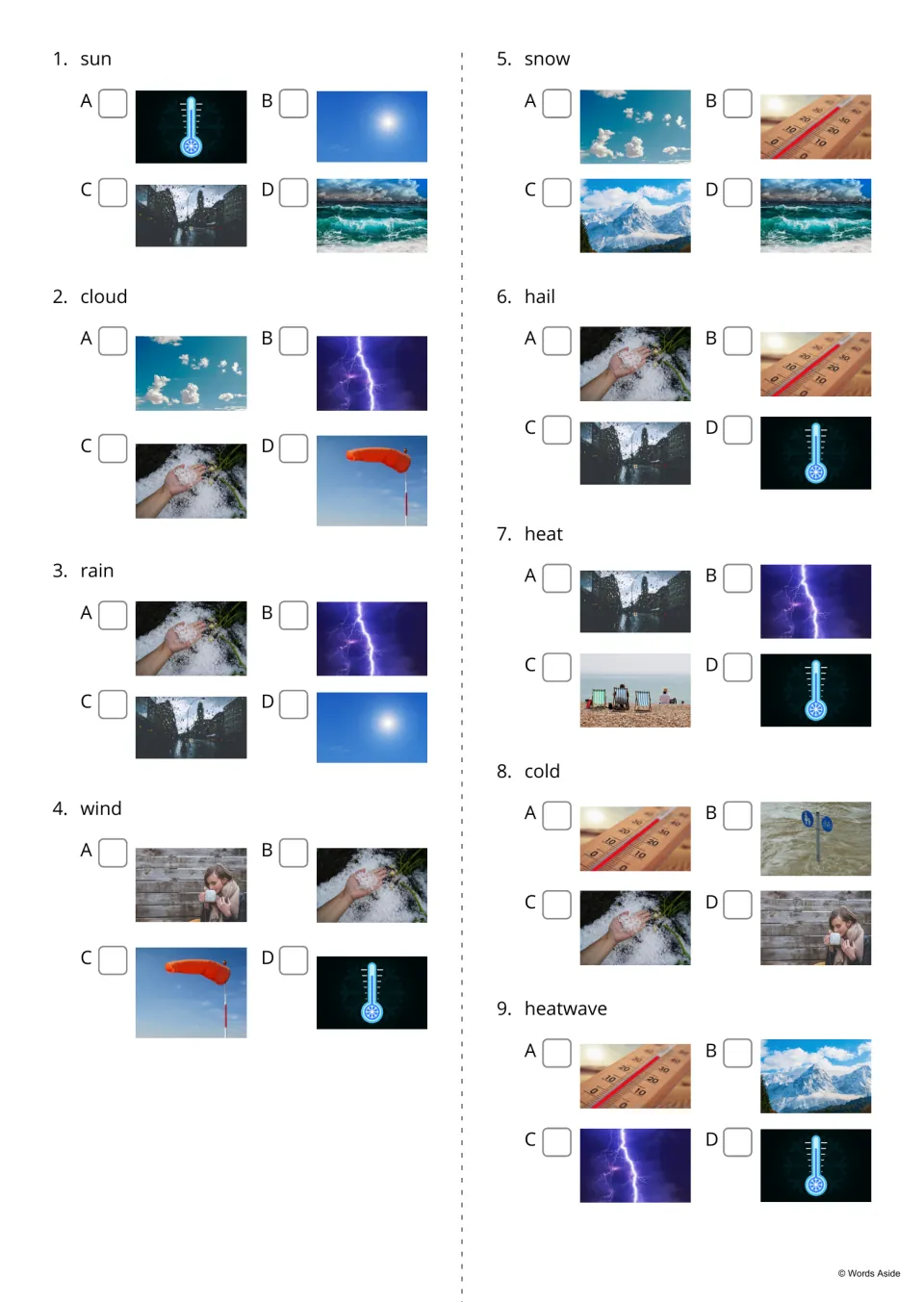 Weather word-to-picture choice 1-9: students read a word such as sun, cloud or hail and tick the matching photo of four