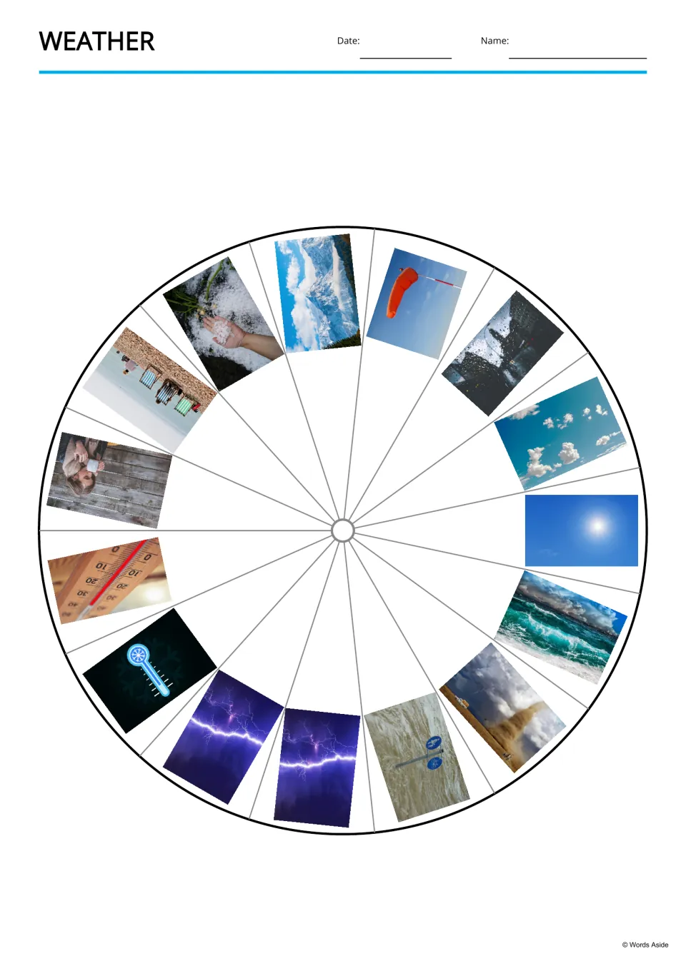 Weather picture wheel: 15 weather photos such as sun, clouds, hail, snow, lightning and a tornado set around one wheel