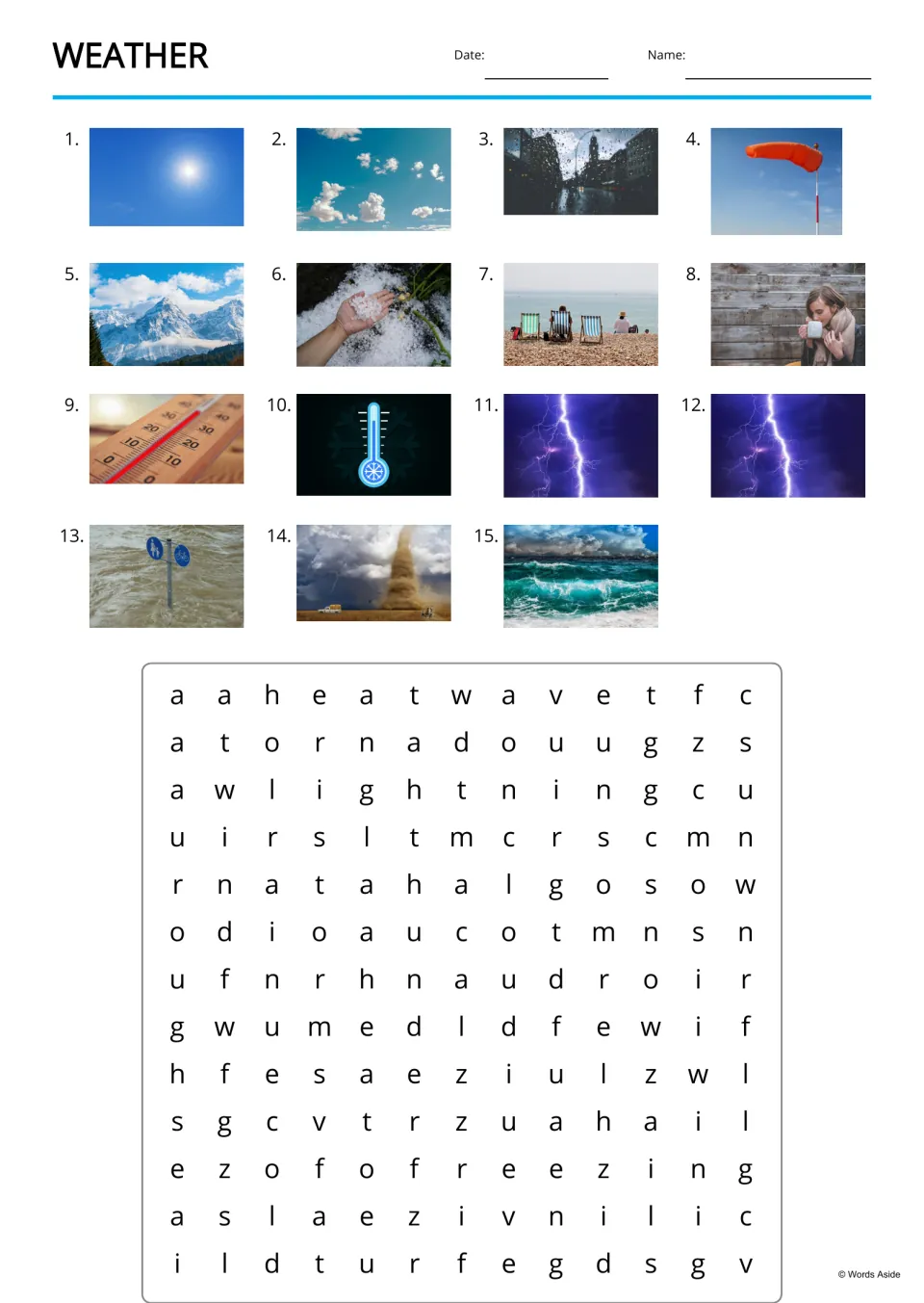 Weather word search: students find the words for 15 numbered weather photos, such as heatwave and lightning, in the puzzle