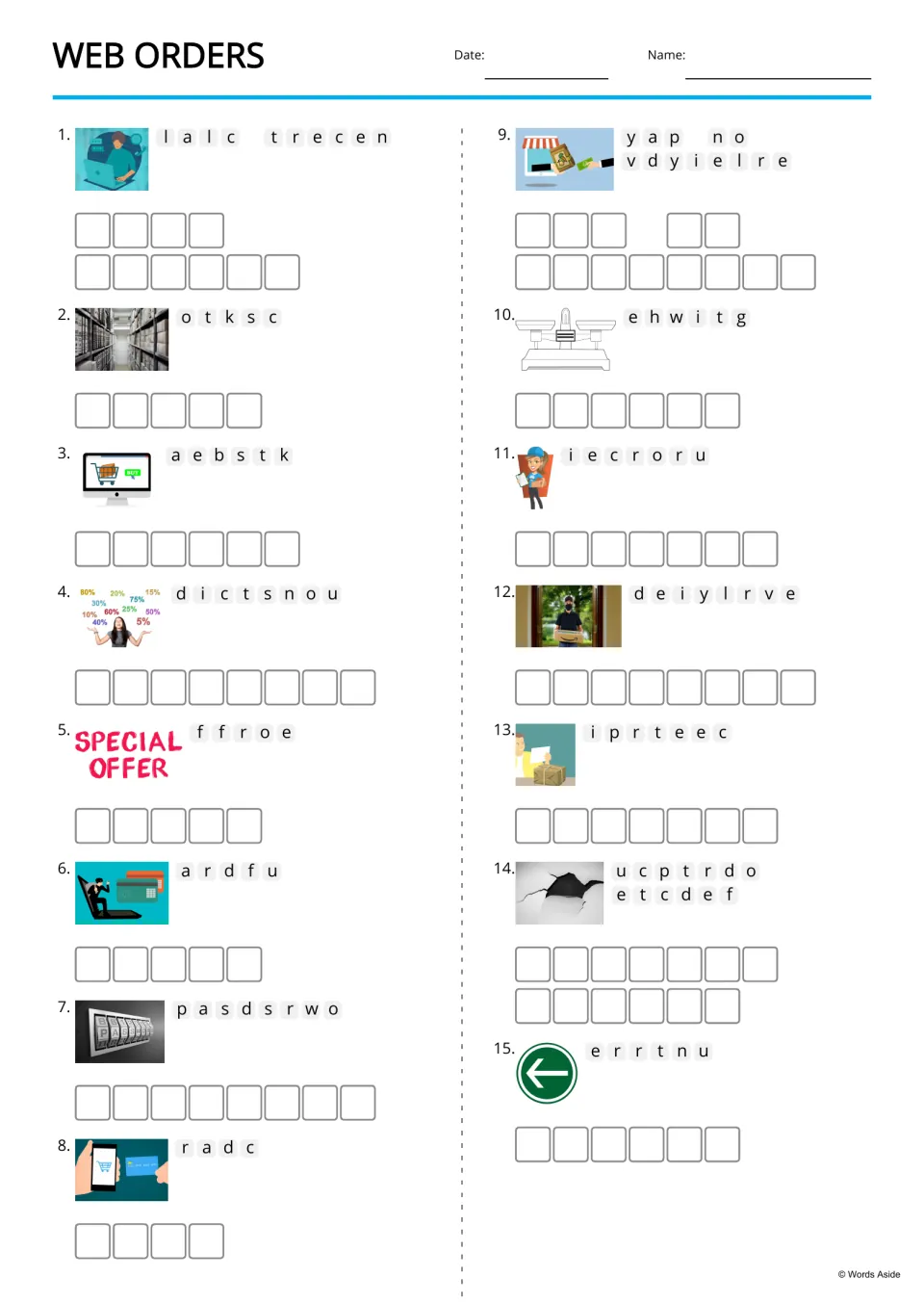 Web shopping anagram practice for 15 pictured terms, including call center, stock, basket, and discount