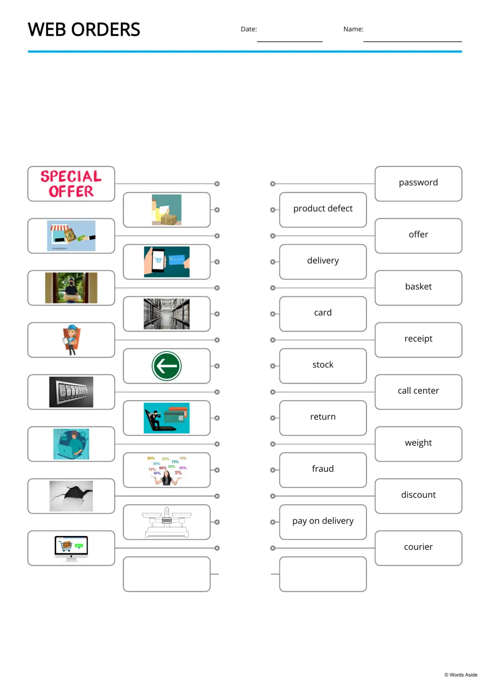 Picture-to-word matching for 15 shopping terms, including password, product defect, offer, and delivery