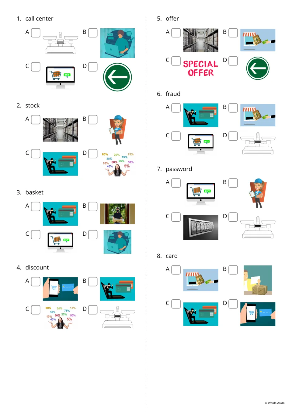 Word-based shopping quiz, items 1–8: choose pictures for call center, stock, basket, and five more terms