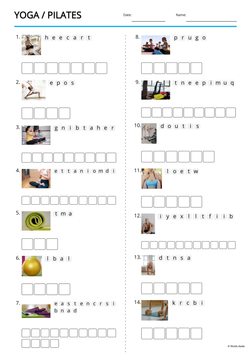 Yoga and Pilates anagrams: students unscramble 14 words like teacher, pose and mat, each shown with a photo clue