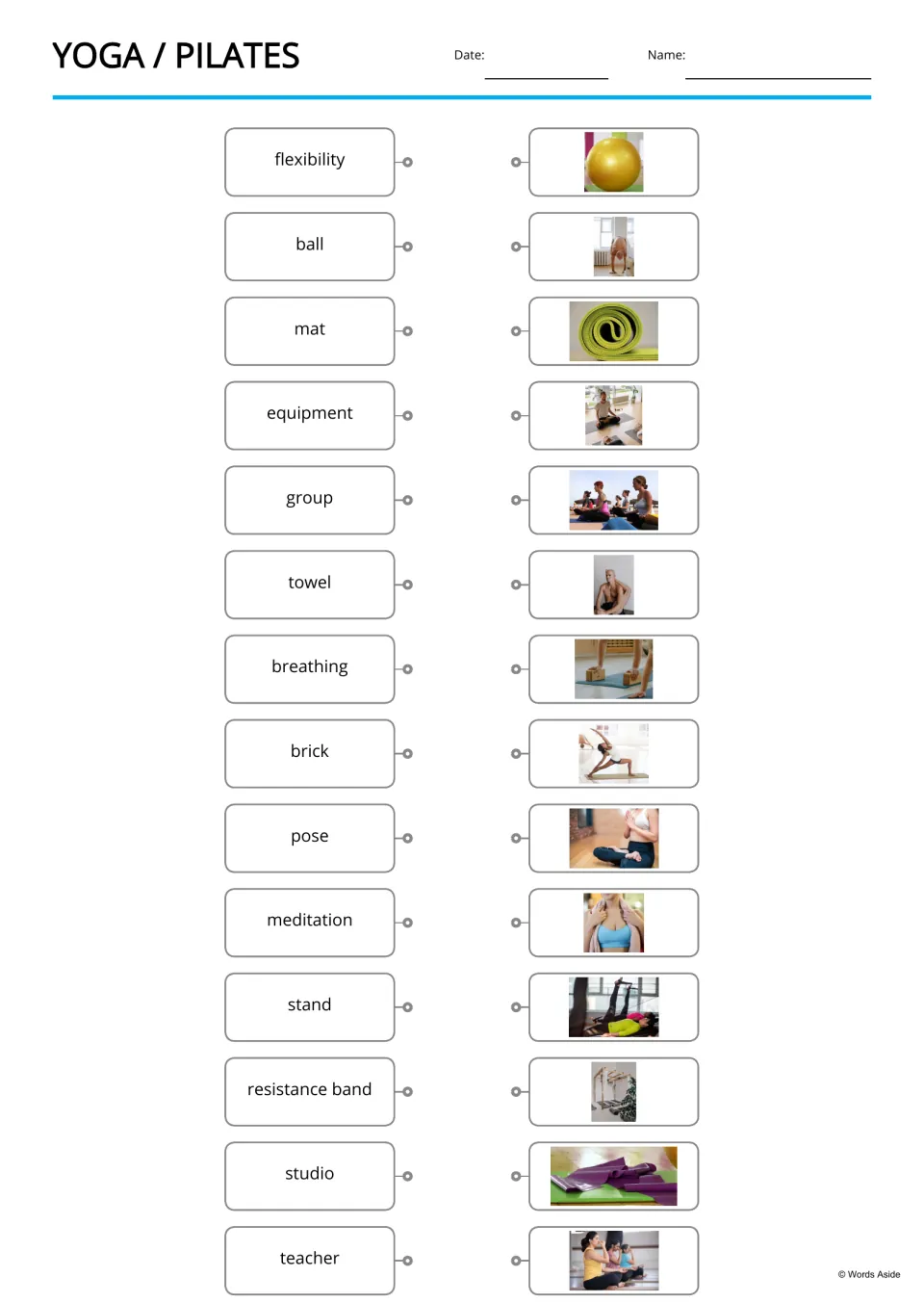 Yoga and Pilates vocabulary matching: students draw lines from 14 words such as flexibility and towel to their photos