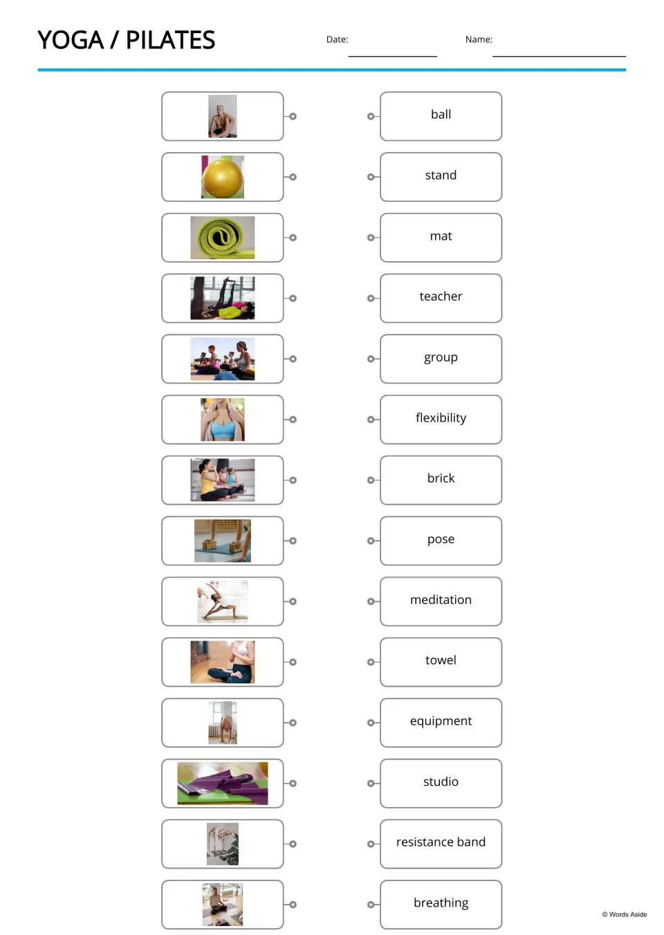 Picture-to-word matching: students connect yoga photos like a gym ball and rolled mat to words such as stand and brick
