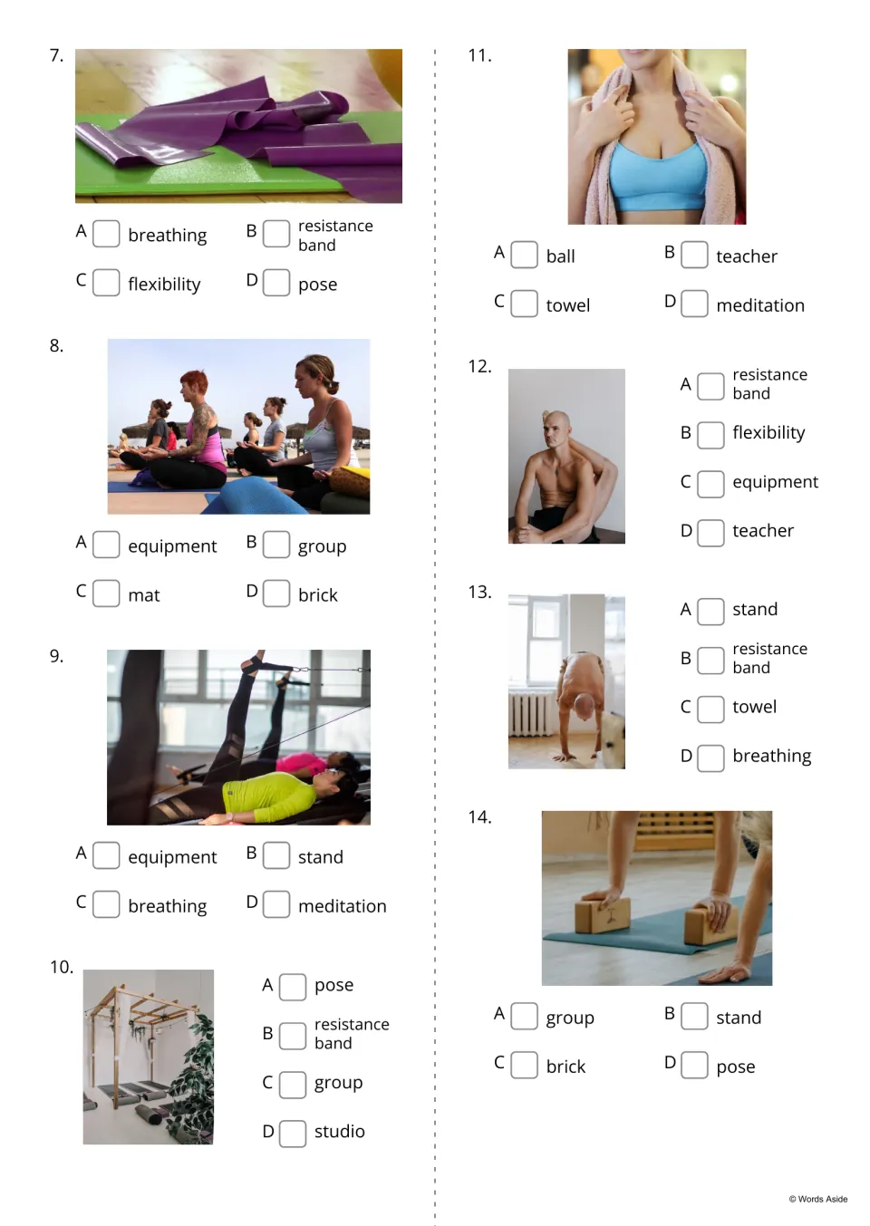 Picture multiple choice, items 7-14: students pick the word for photos of a resistance band, a group, a studio, bricks