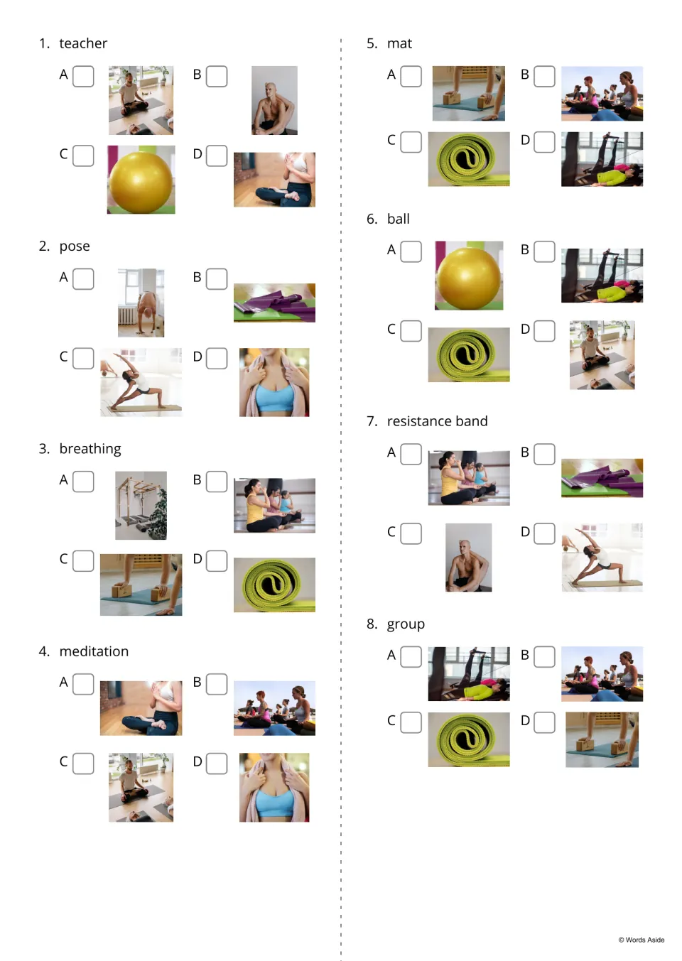 Word-to-photo quiz, items 1-8: students read words like teacher, breathing and resistance band and tick the matching image