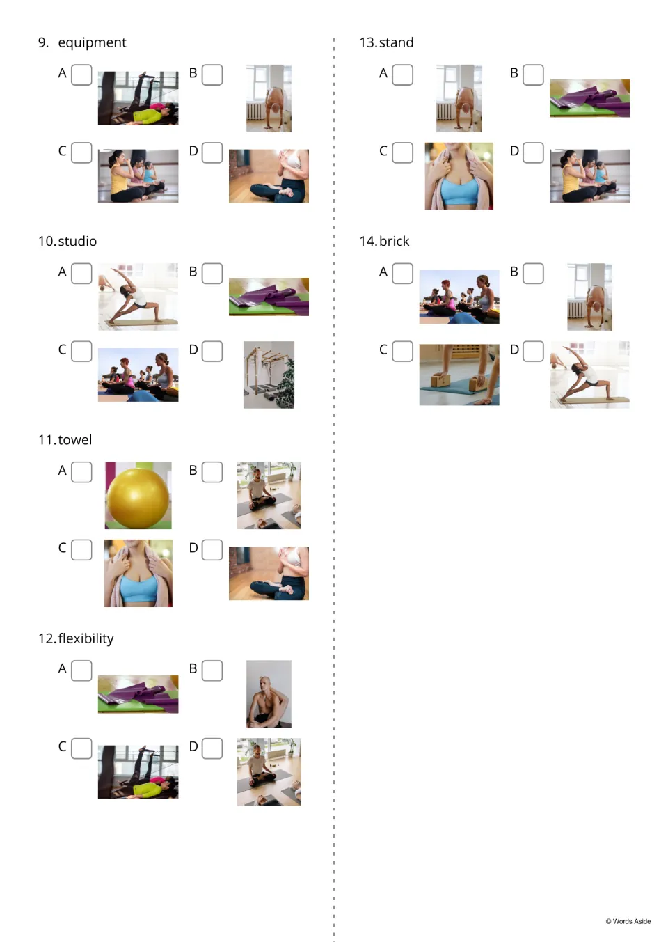 Word-to-photo quiz, items 9-14: students tick the picture for equipment, studio, towel, flexibility, stand and brick