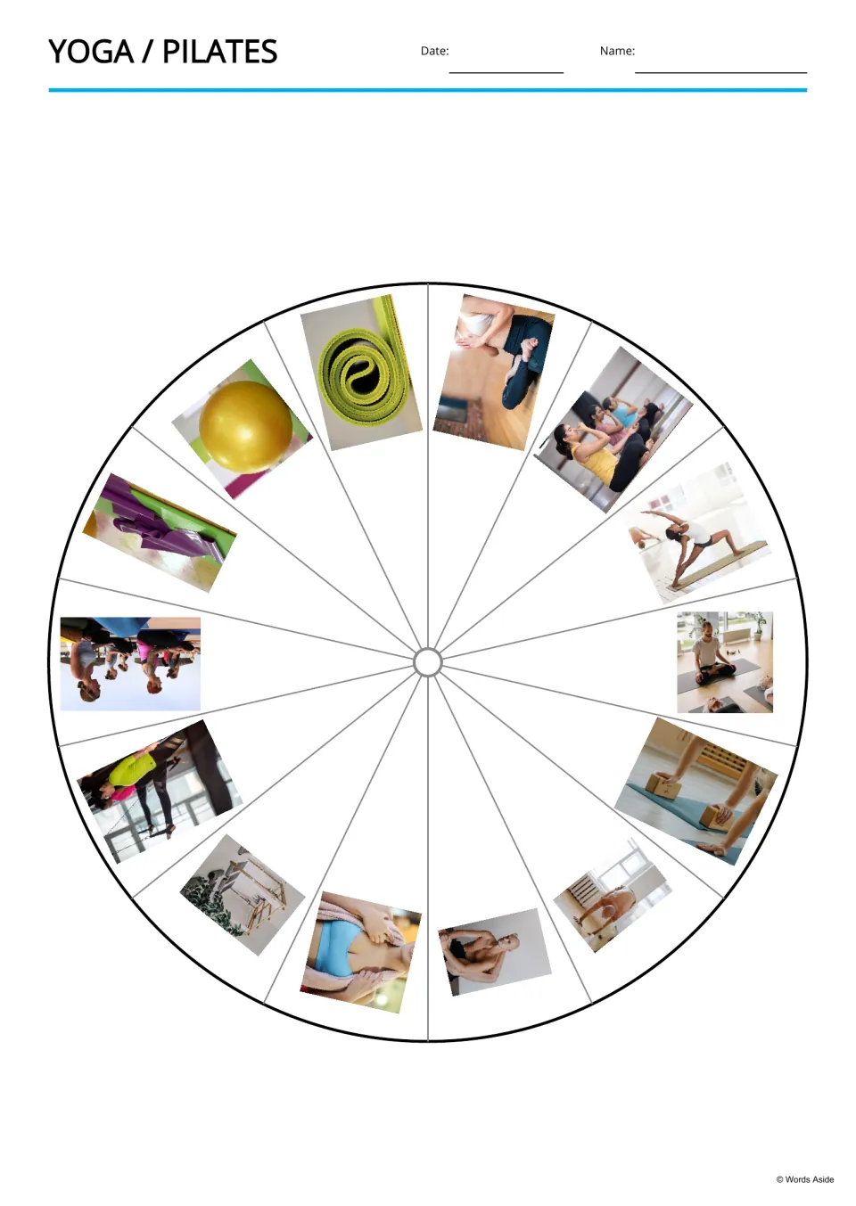 Photo wheel cut-out piece: 14 yoga and Pilates photos such as a gym ball, mat and yoga bricks set around the wheel