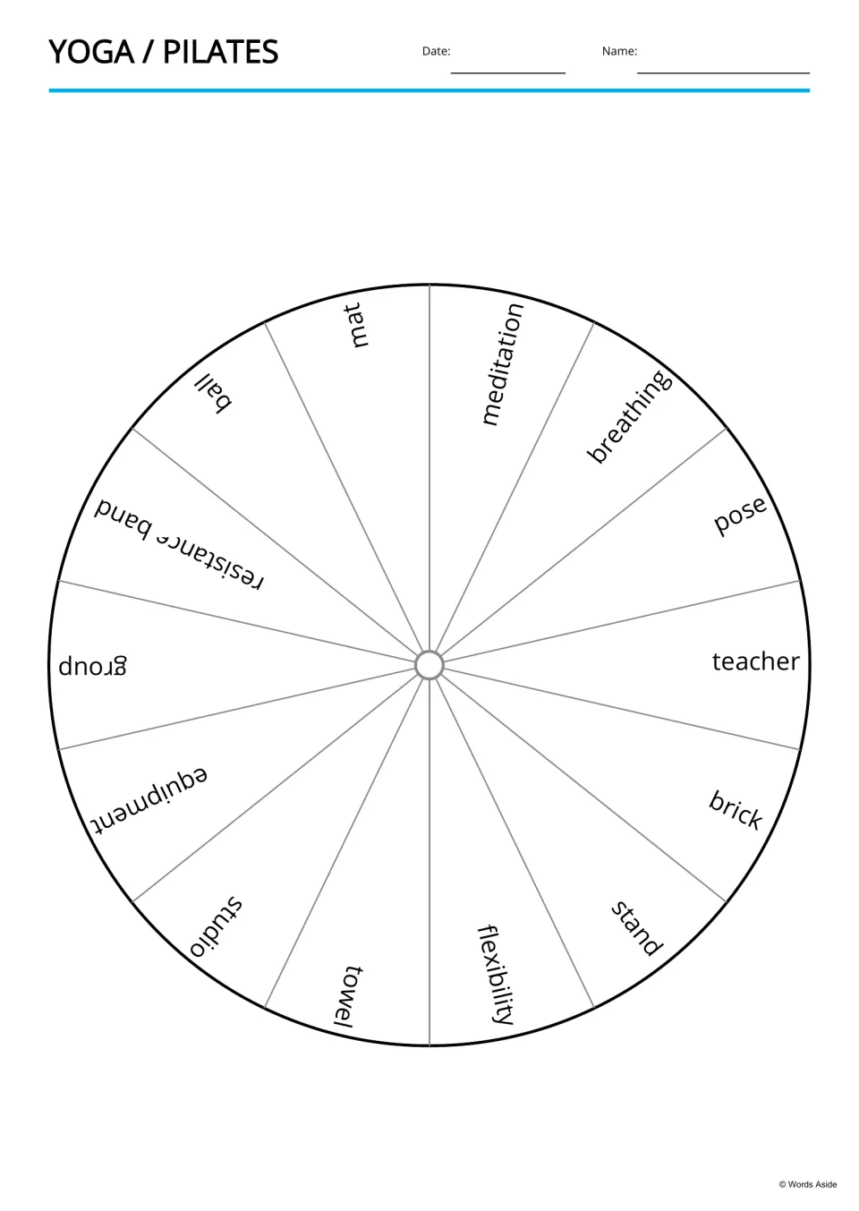 Word wheel cut-out piece: 14 yoga terms including meditation, breathing, pose and resistance band around the wheel