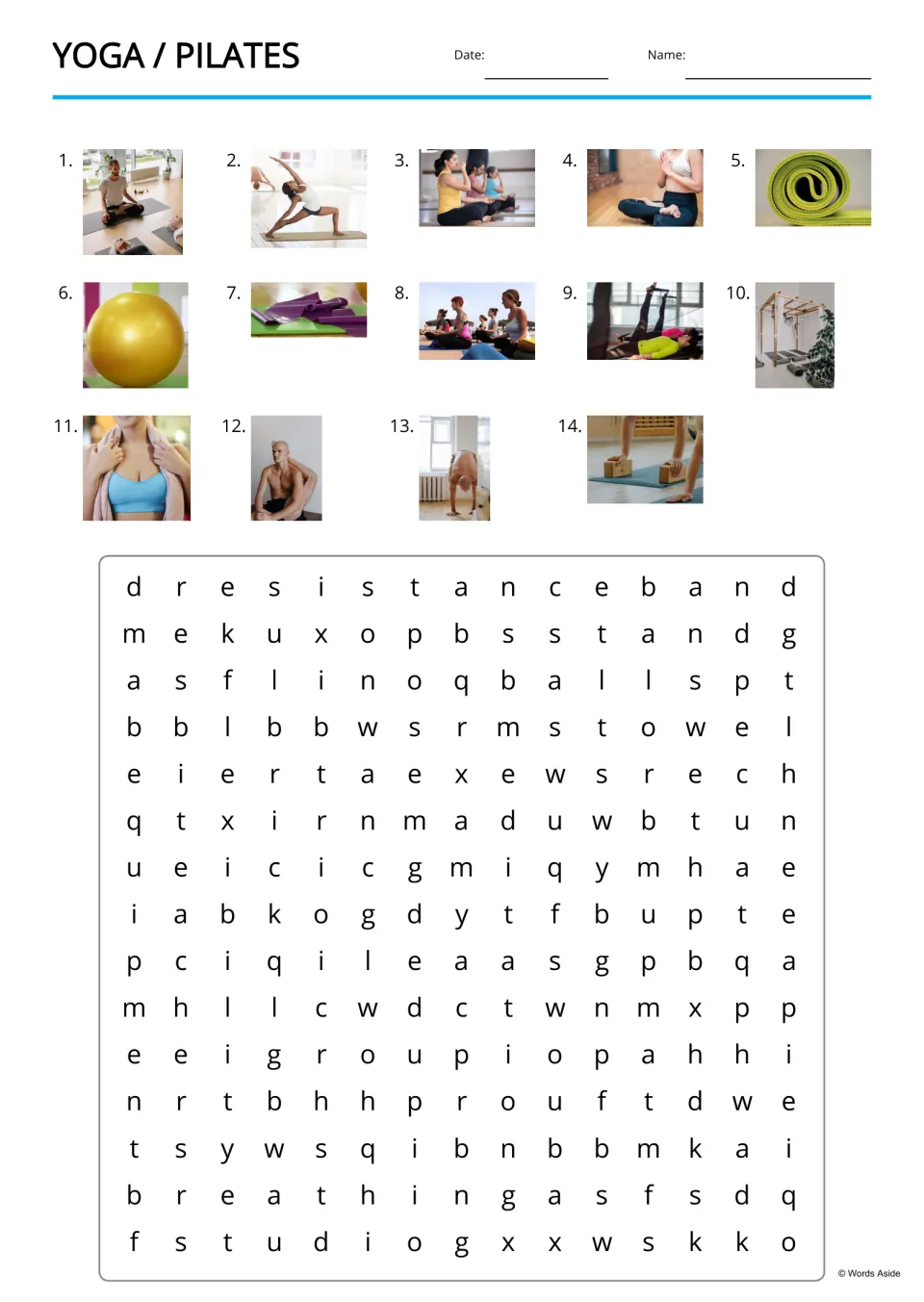 Yoga and Pilates word search: students find 14 terms such as studio, breathing and towel, using numbered photos as clues
