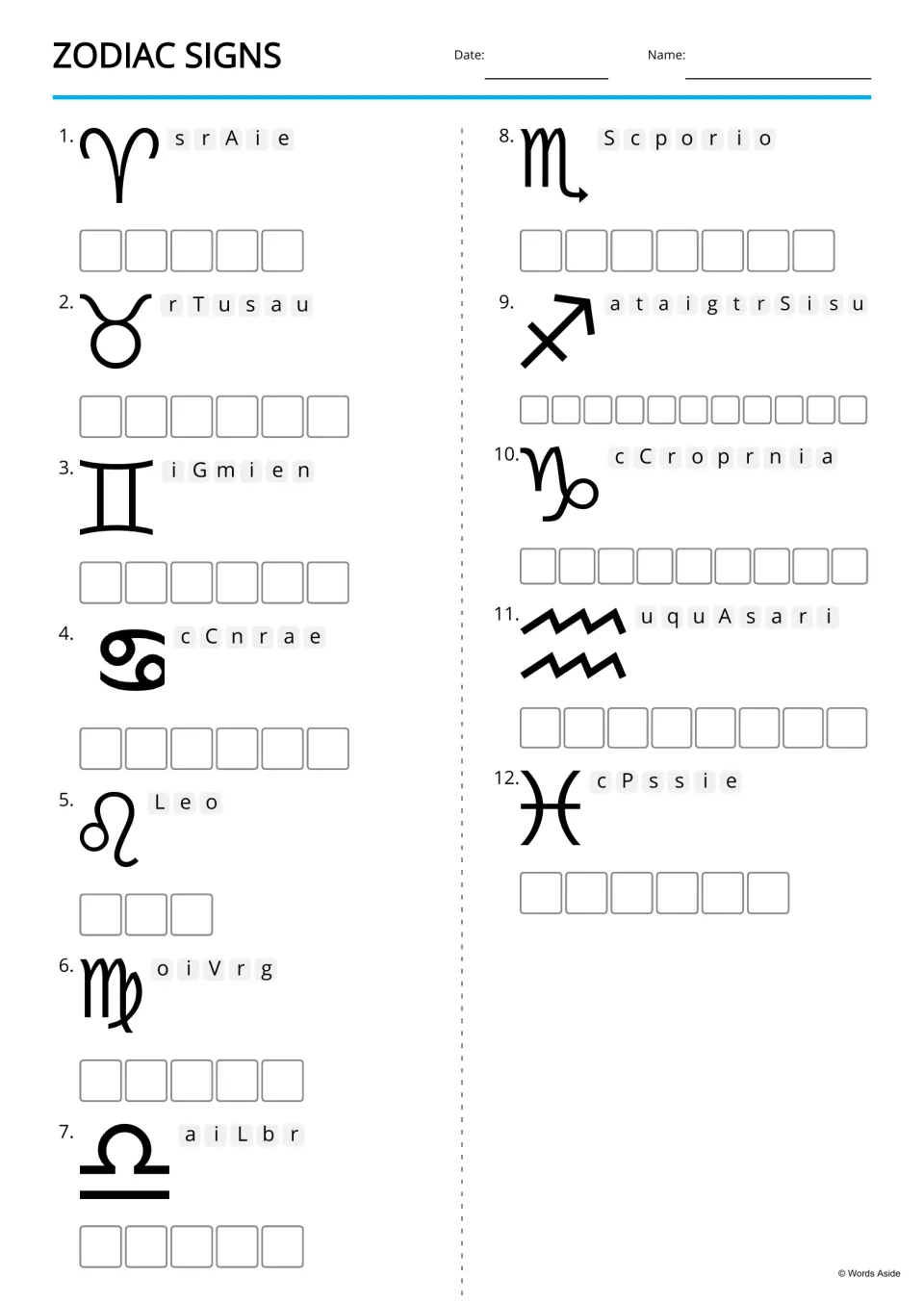 Zodiac sign anagrams: students unscramble letters beside each of 12 symbols, such as srAie, and spell the sign's name