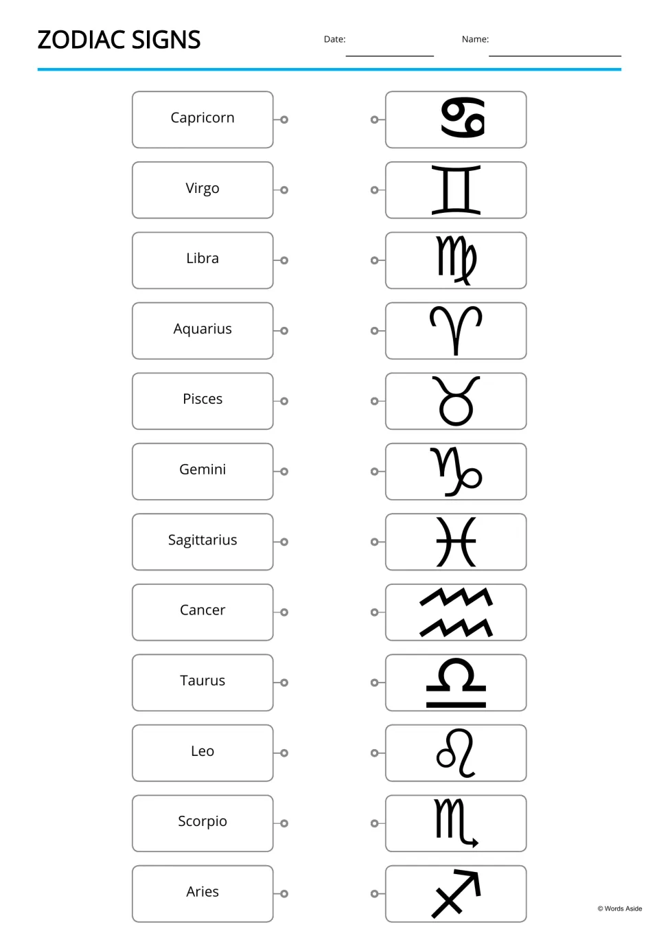 Zodiac matching: students connect each of 12 sign names, from Capricorn to Aries, to its symbol in a mixed-up list