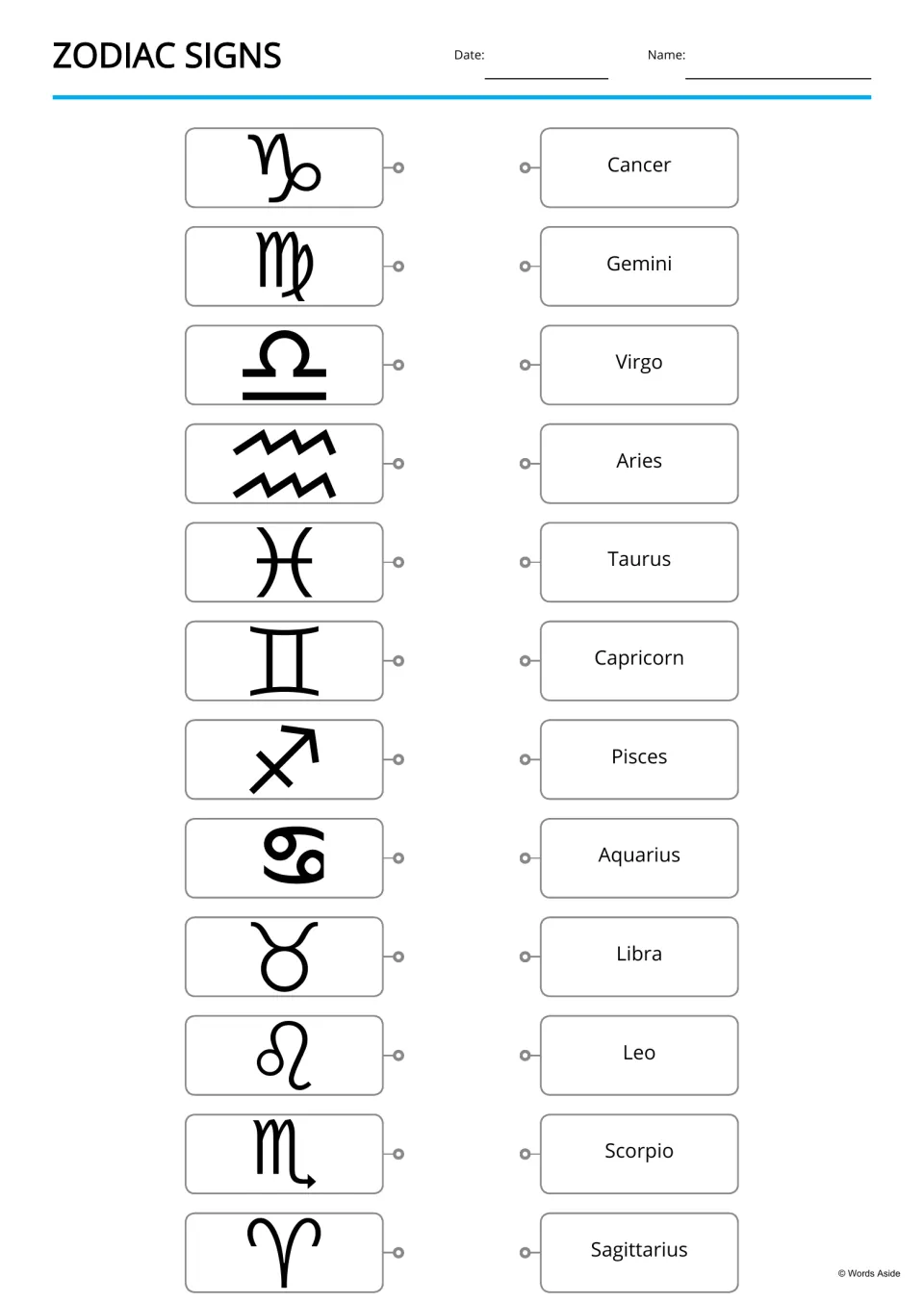 Zodiac symbol matching: students draw lines from 12 symbols to the sign names Cancer, Gemini, Virgo, Aries and more