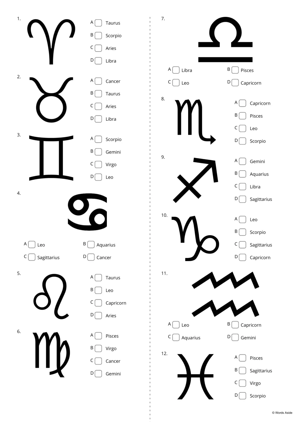 Zodiac symbol quiz: for each of 12 symbols students tick the correct name from four choices, such as Taurus or Aries