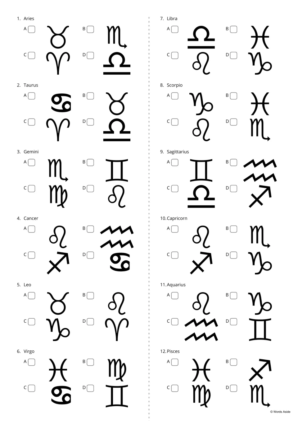 Zodiac name-to-symbol quiz: under each of 12 sign names, like Aries and Libra, students tick the matching symbol of four