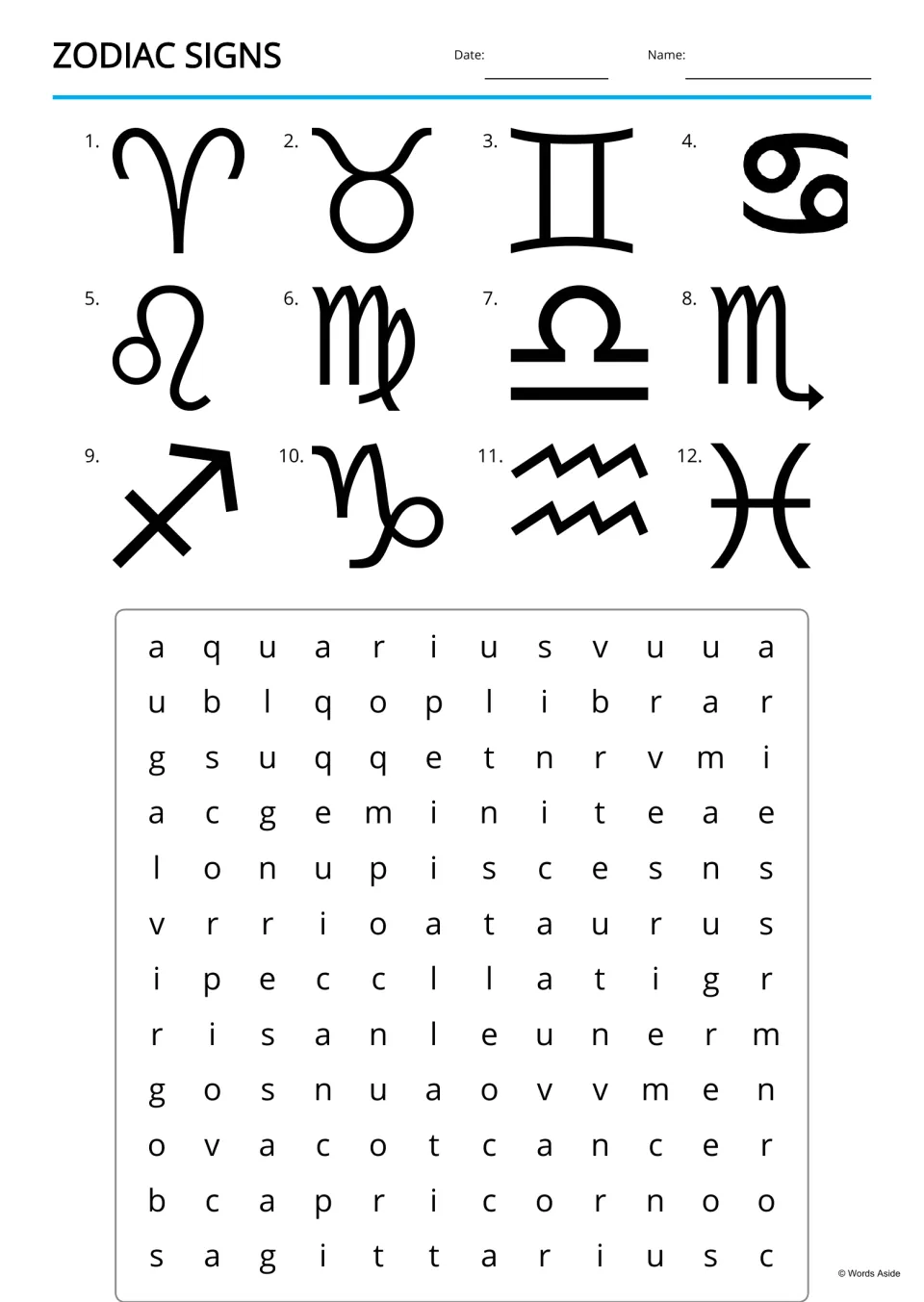 Zodiac word search: students find the 12 sign names, hinted by numbered symbols, hidden in a 12-by-12 letter puzzle