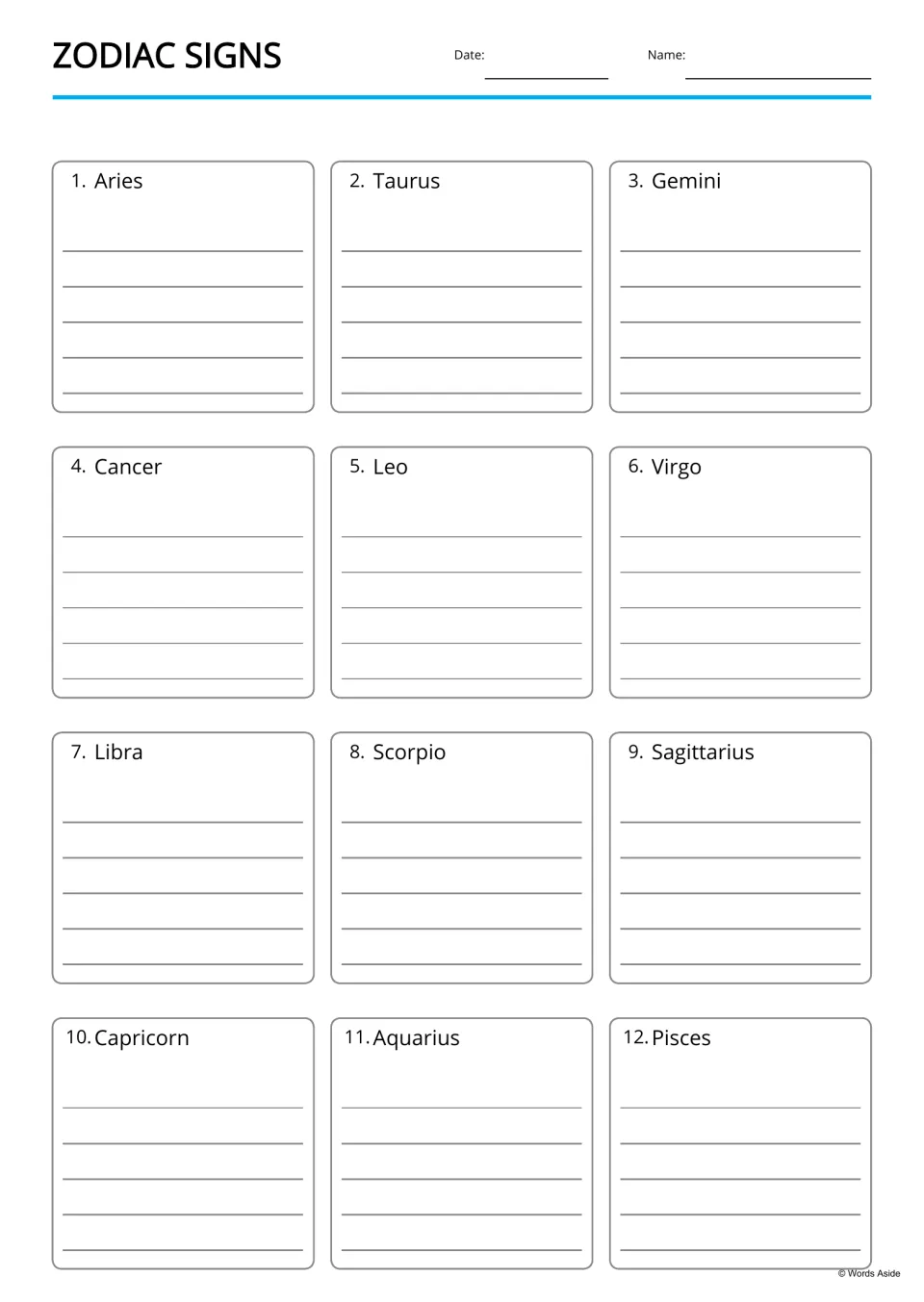 Zodiac writing page: students write words or sentences about each of the 12 signs, headed 1. Aries to 12. Pisces