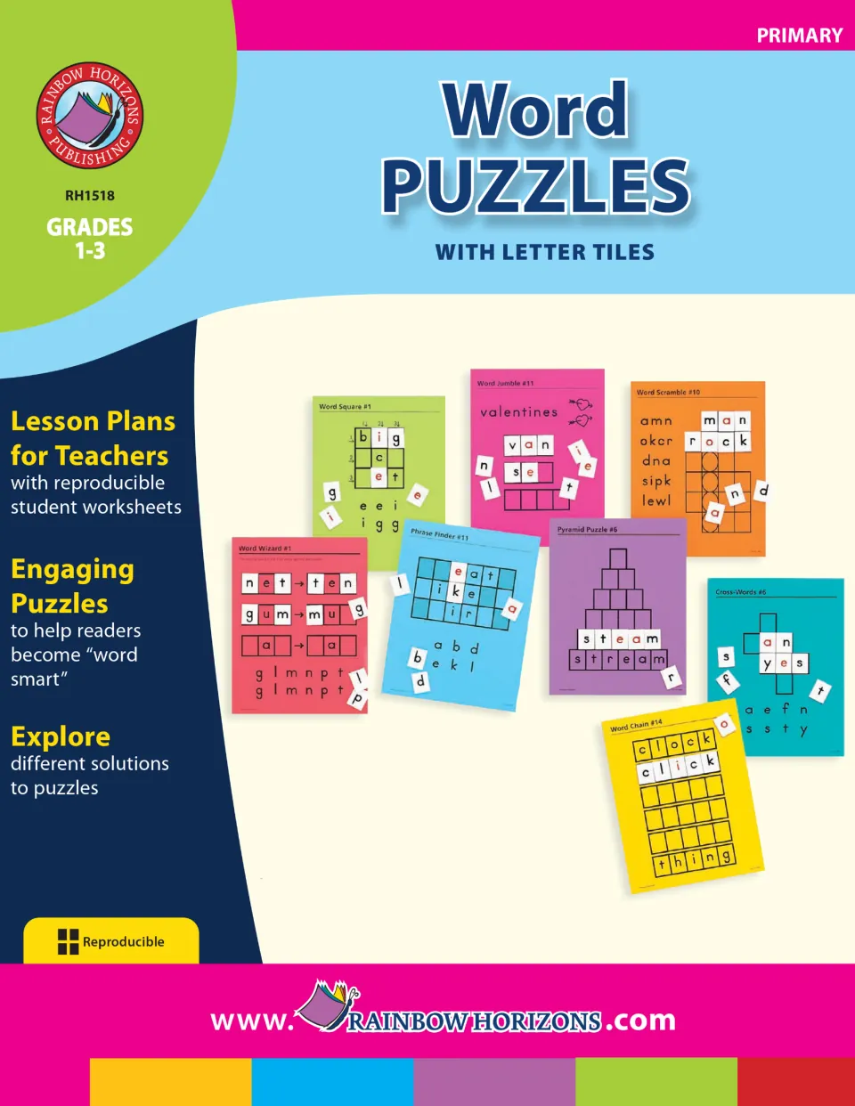 Word Puzzles - With Letter Tiles cover for grades 1–3, featuring samples of the reproducible word puzzles