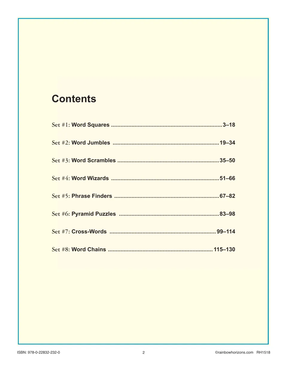 Contents lists eight puzzle sets, from Word Squares on pages 3–18 to Word Chains on pages 115–130