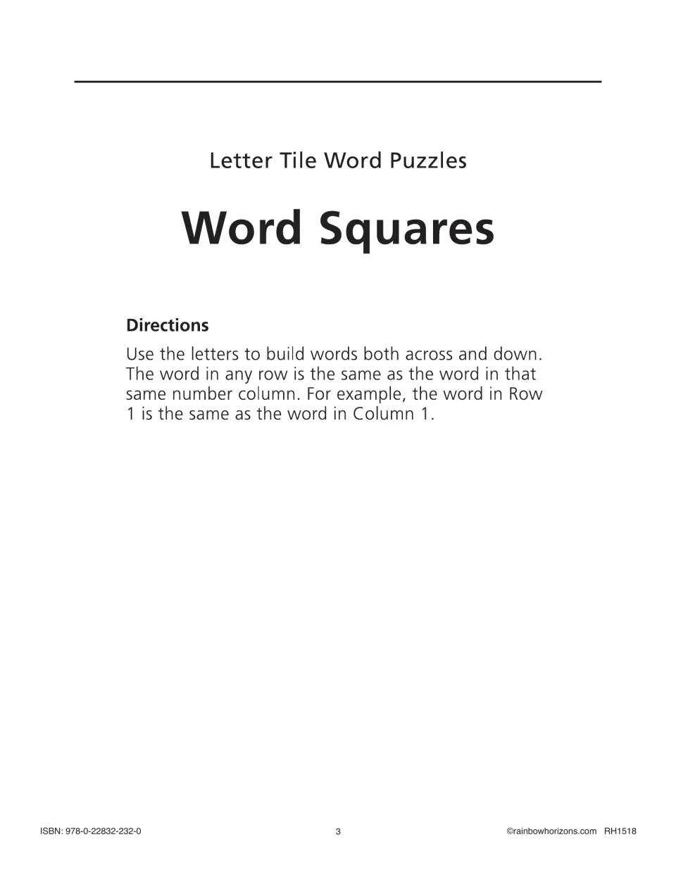 Word Squares directions explain how to build words across and down so each numbered pair reads the same
