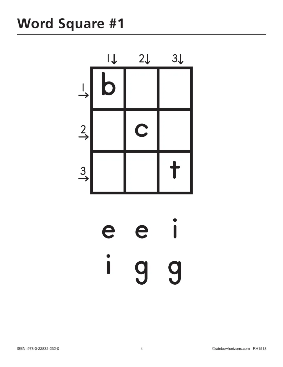 Word Square #1 letter-tile puzzle gives b, c, and t as starting letters and e, e, i, i, g, g to complete words