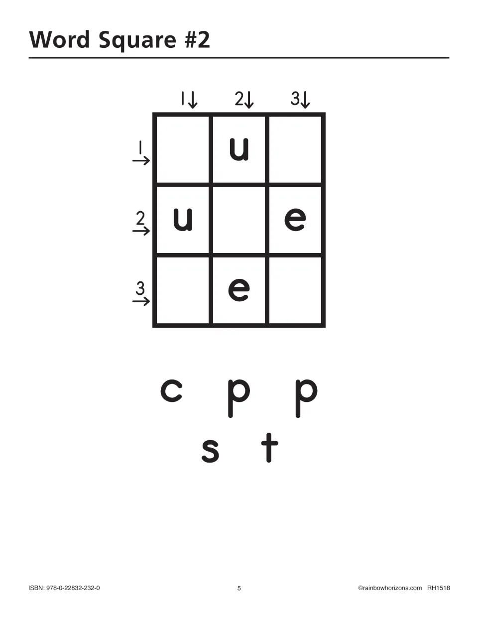 Word Square #2 letter-tile puzzle gives two u's and two e's as starting letters, plus c, p, p, s, t to place
