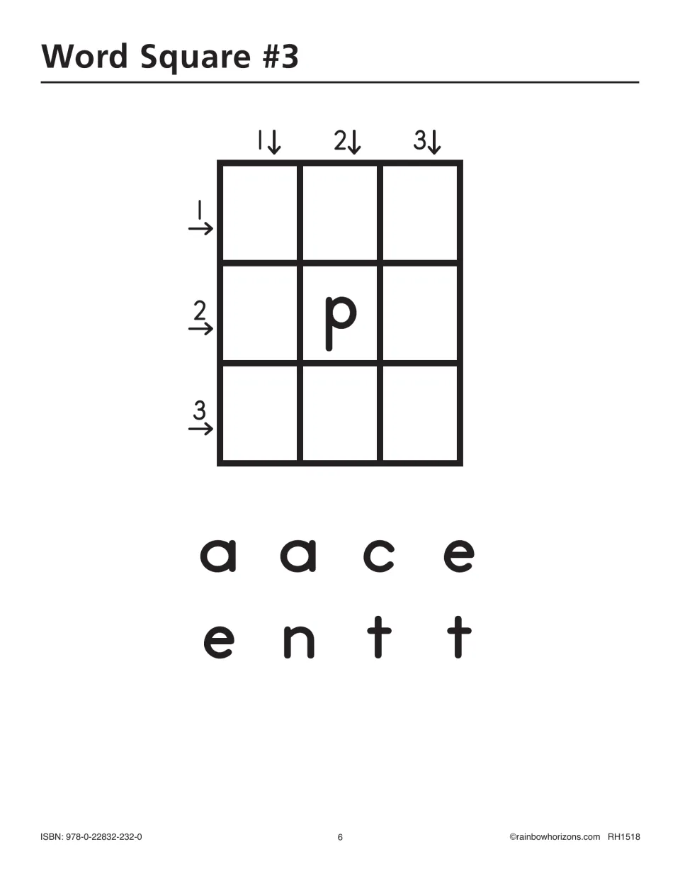 Word Square #3 letter-tile puzzle gives p as the starting letter and a, a, c, e, e, n, t, t to complete words