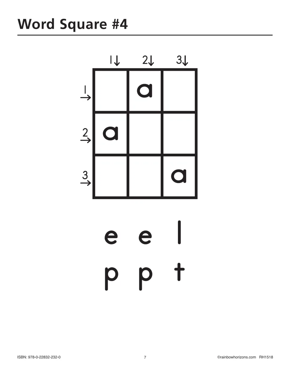 Word Square #4 letter-tile puzzle gives three a's as starting letters and e, e, l, p, p, t to complete words