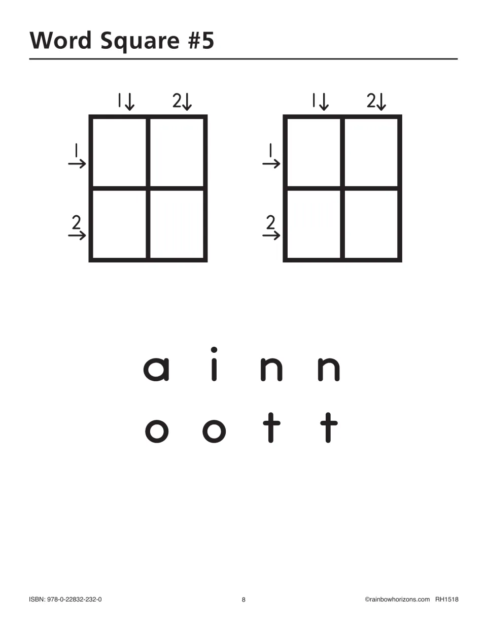 Word Square #5 letter-tile puzzle uses a, i, n, n, o, o, t, t to build two word squares of two-letter words
