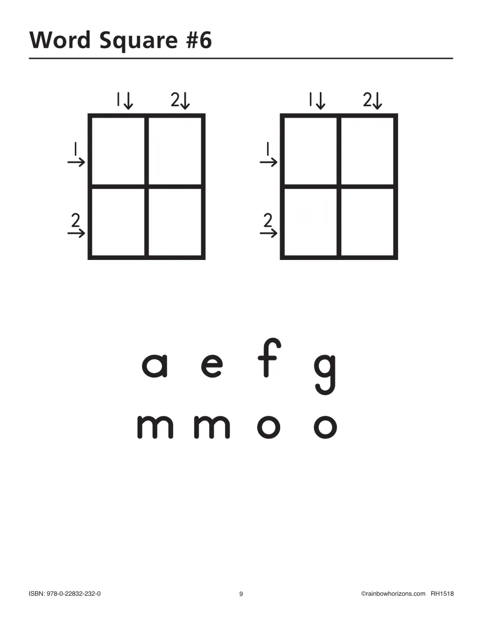 Word Square #6 letter-tile puzzle uses a, e, f, g, m, m, o, o to build two word squares of two-letter words