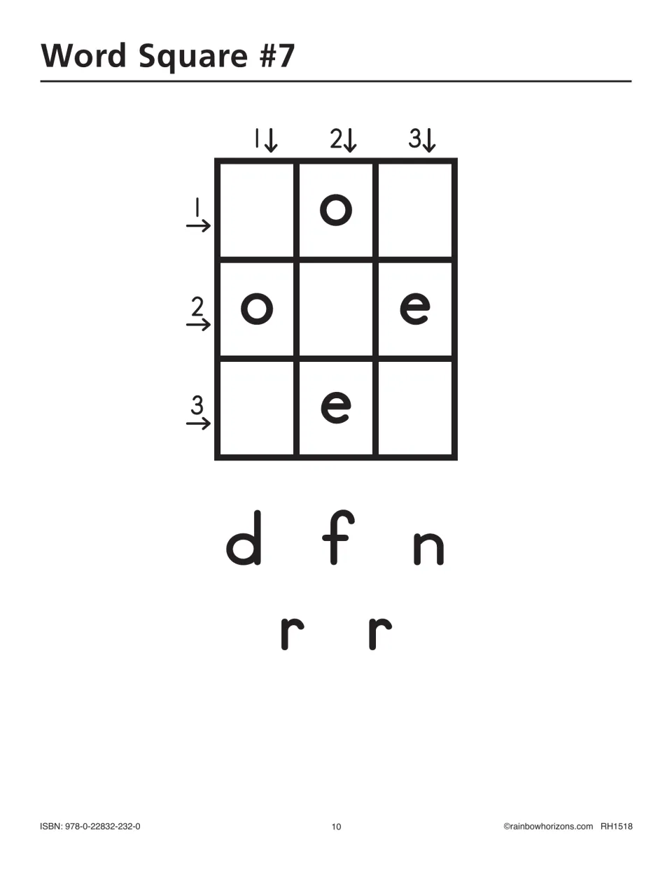 Word Square #7 letter-tile puzzle gives two o's and two e's as starting letters, plus d, f, n, r, r to place