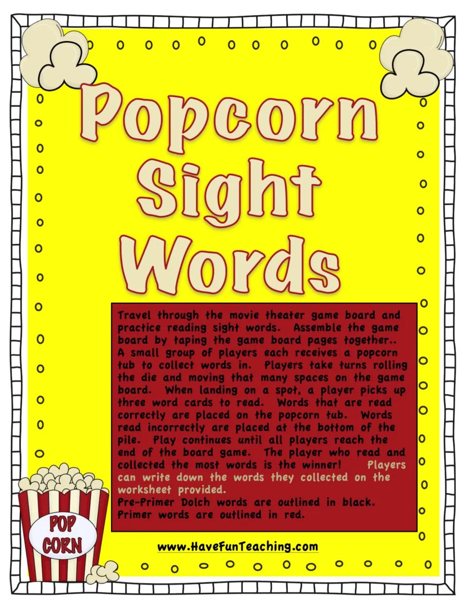 Popcorn Sight Words cover with game directions: roll a die, move on the movie theater board, read 3 word cards per turn