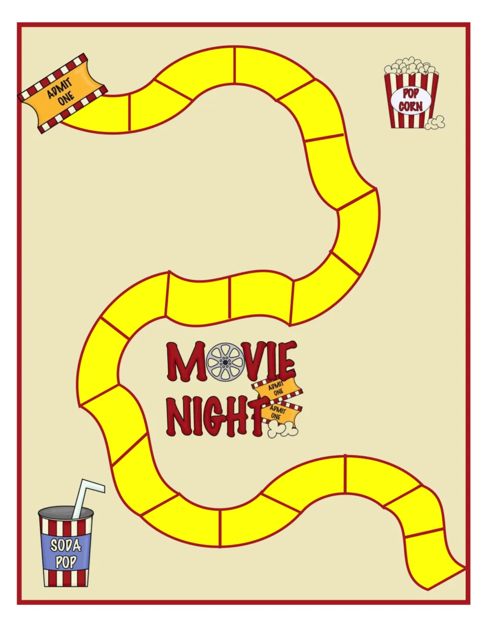 Movie Night game board, first half: a winding path of spaces starts at an Admit One ticket and passes popcorn and soda pop