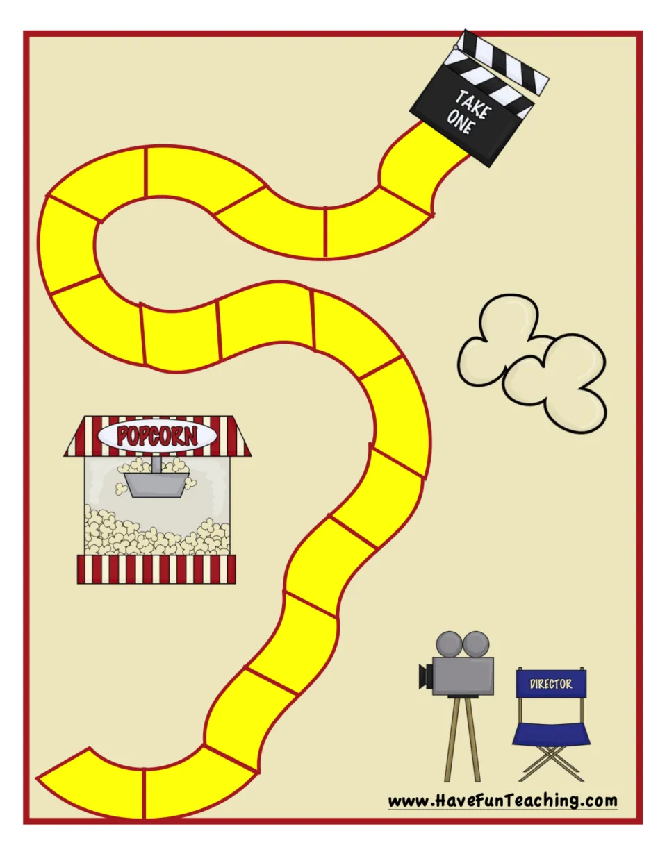 Game board, second half: the path winds past a popcorn stand to a Take One clapboard, camera and director chair