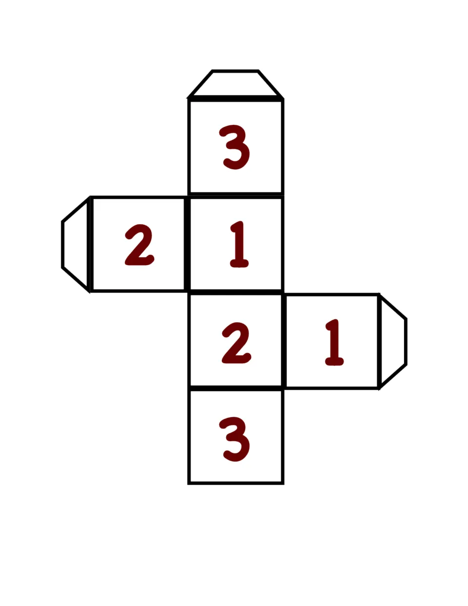 Number cube cut-out with faces showing 1, 2 and 3 twice each, plus glue tabs, for players to fold and roll to move spaces