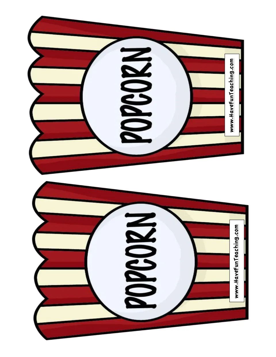 Popcorn tub cut-outs: two striped tubs labeled Popcorn where players place the sight word cards they read correctly