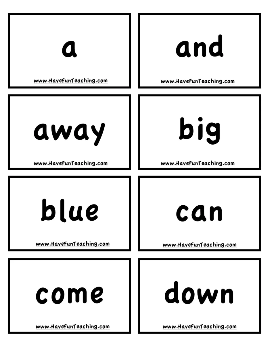 Sight word cards to cut out and read aloud: a, and, away, big, blue, can, come and down, eight cards printed on the page