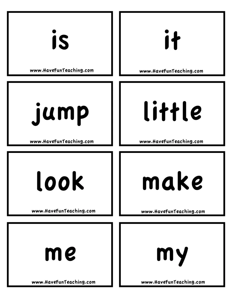 Sight word cards with is, it, jump, little, look, make, me and my for students to draw three at a time and read each turn