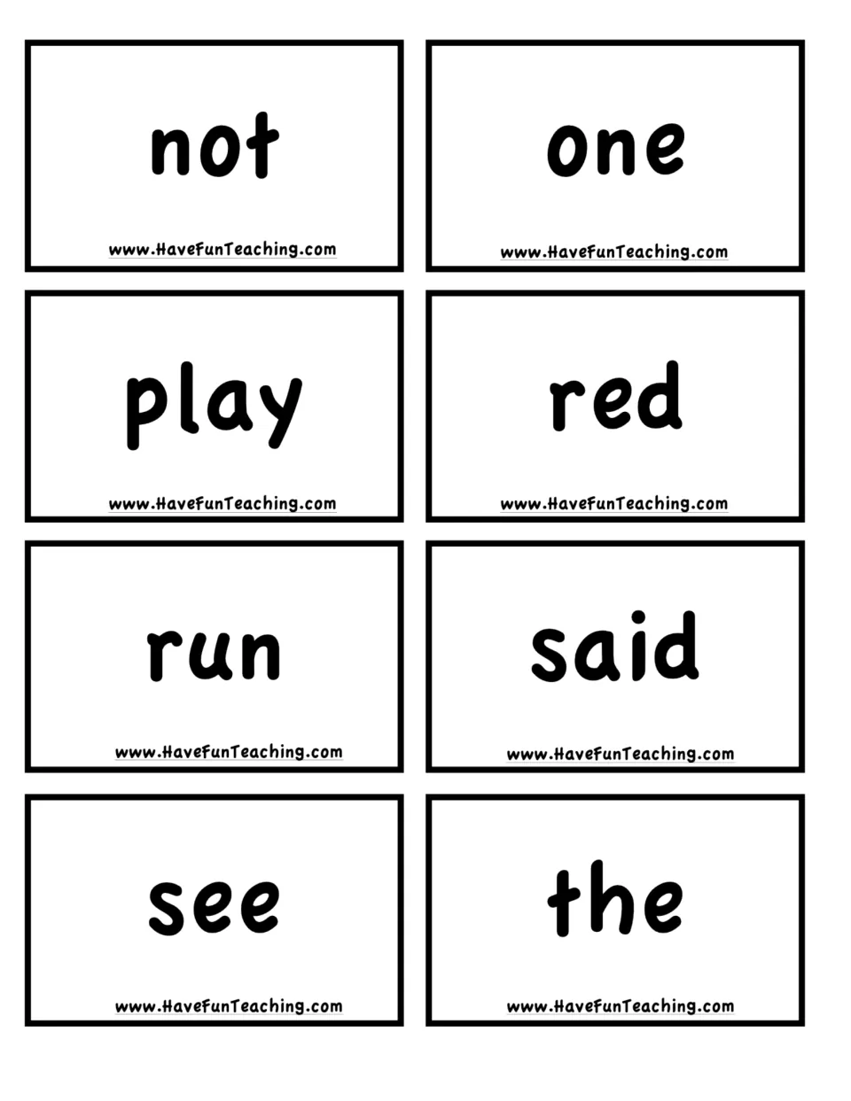 Sight word cards showing not, one, play, red, run, said, see and the, the last eight words to cut out and add to the deck
