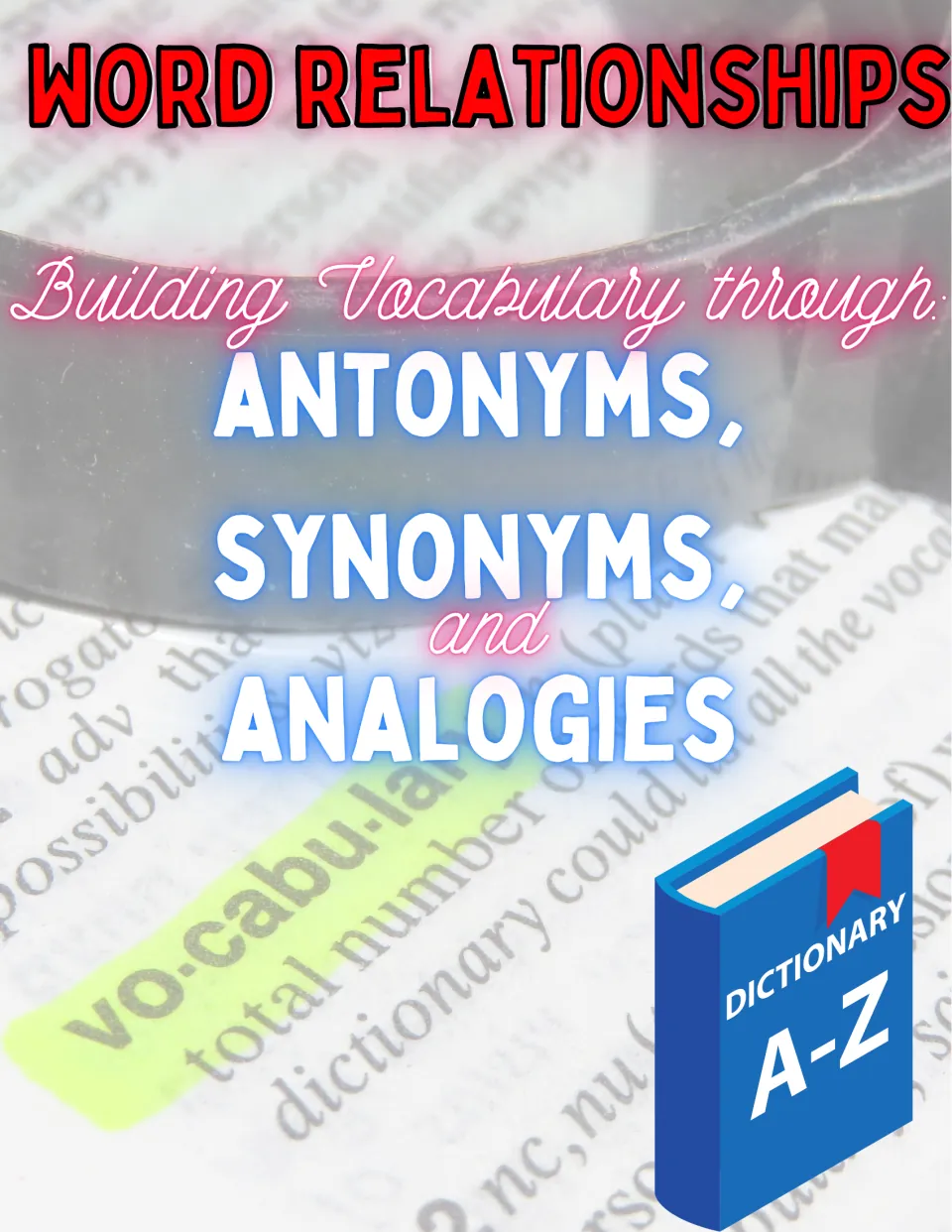 Vocabulary resource cover introducing word relationships through antonyms, synonyms, and analogies