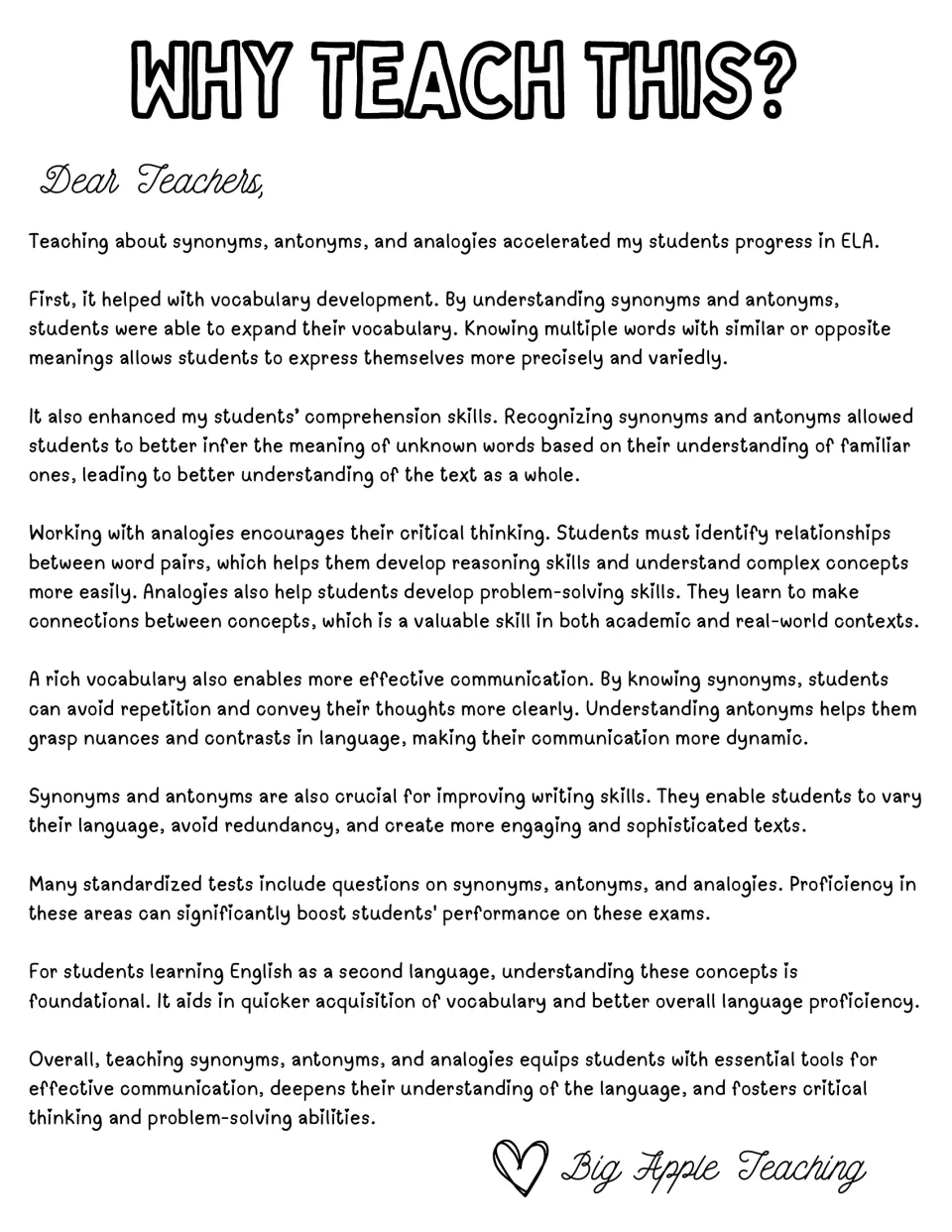 Teacher introduction explaining reasons to teach synonyms, antonyms, and analogies for vocabulary growth