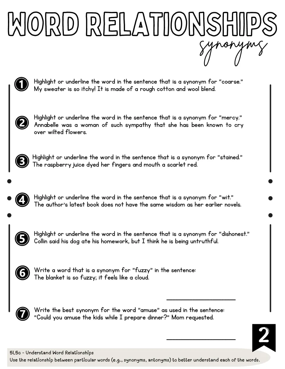 Synonym practice 2: seven questions identifying or writing synonyms for coarse, mercy, stained, and more