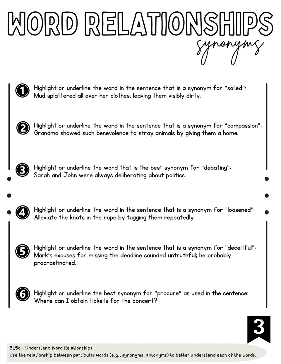Synonym practice 3: six questions finding synonyms for soiled, compassion, debating, and three more