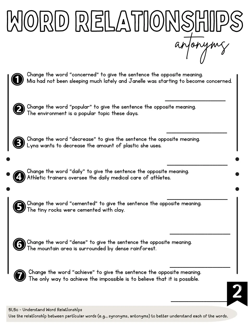 Antonym practice 2: seven sentence prompts replacing concerned, popular, decrease, daily, and three more
