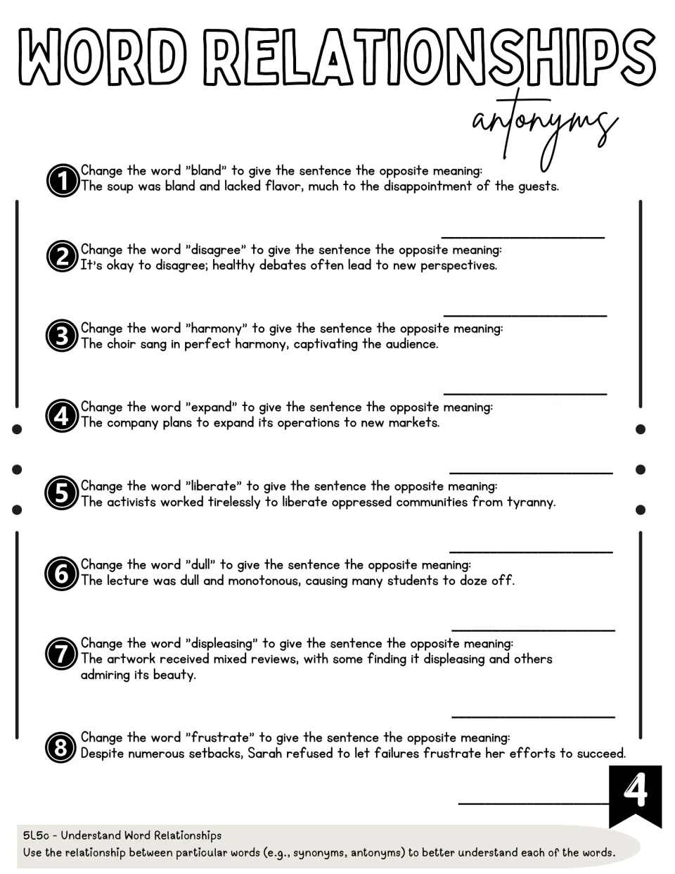 Antonym practice 4: eight sentence prompts replacing bland, disagree, harmony, expand, and four more