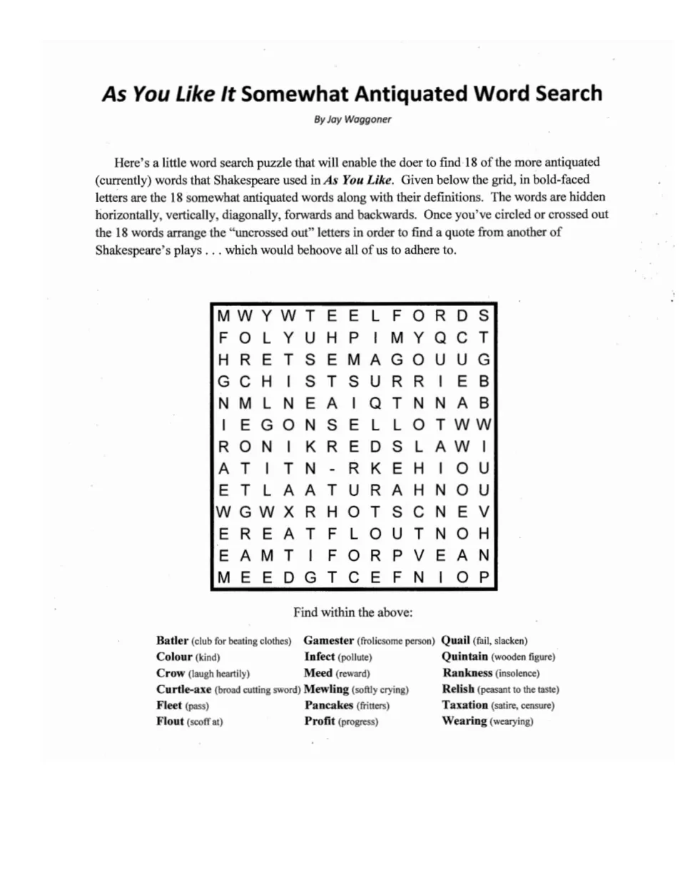Shakespeare vocabulary puzzle: students find 18 archaic words from As You Like It, then use leftover letters for a quote