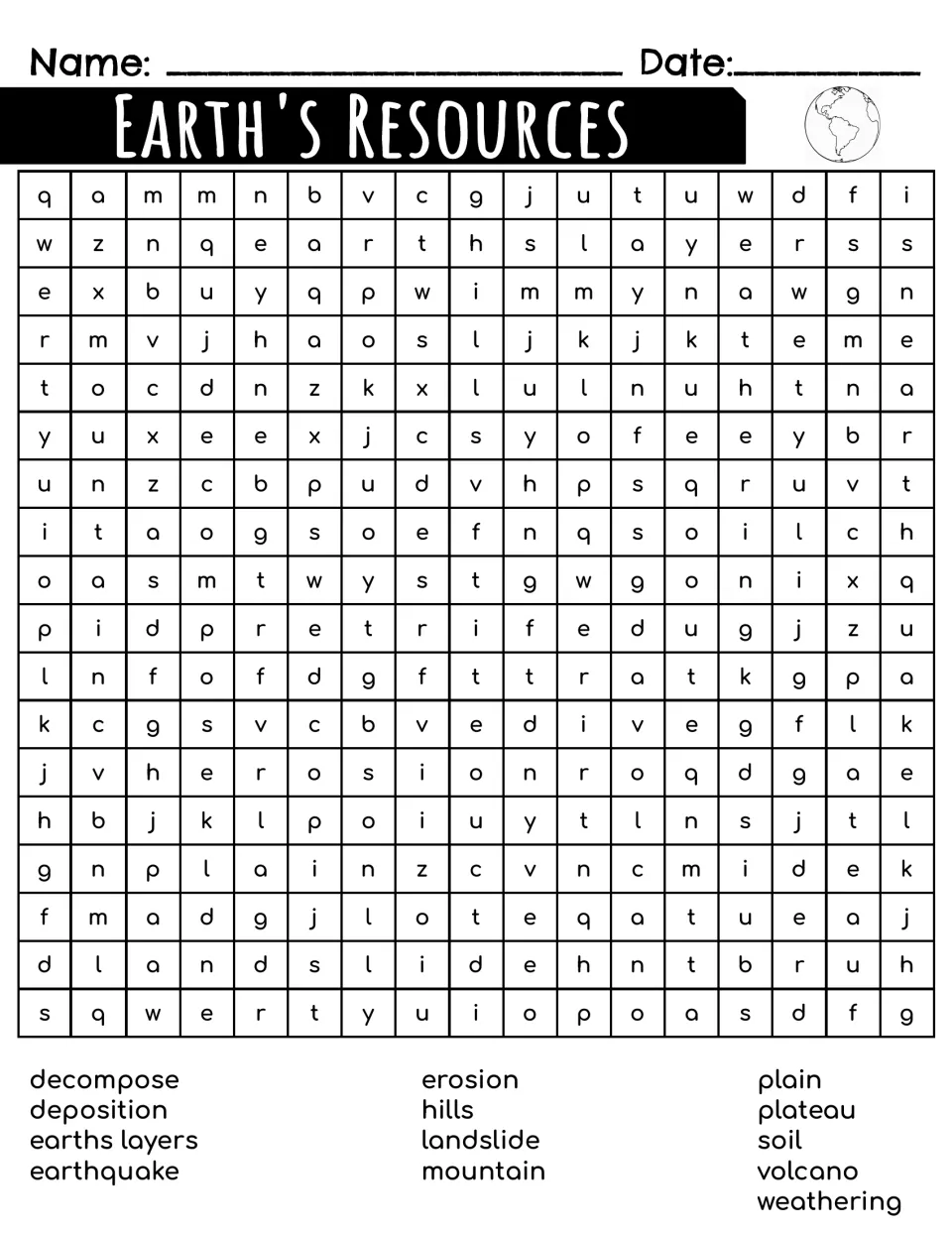 Earth's Resources word search: students find 13 earth science terms such as erosion, volcano, plateau and soil