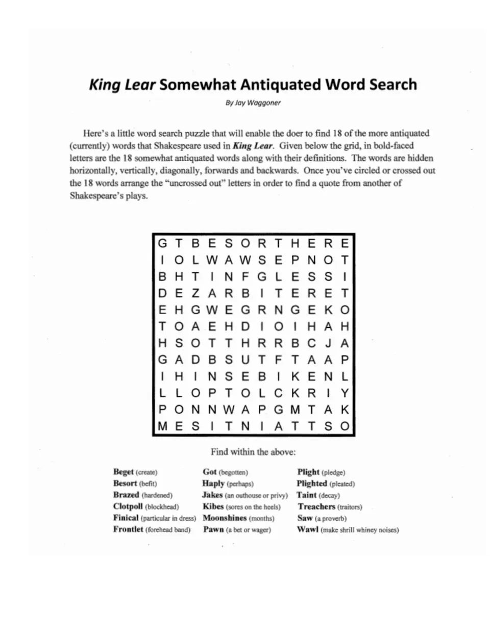 King Lear word search: 18 antiquated words and definitions, plus a hidden quote from another Shakespeare play